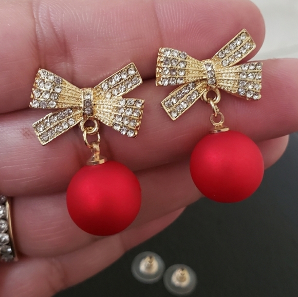 Red Ornament Rhinestone Earrings - Picture 9 of 9